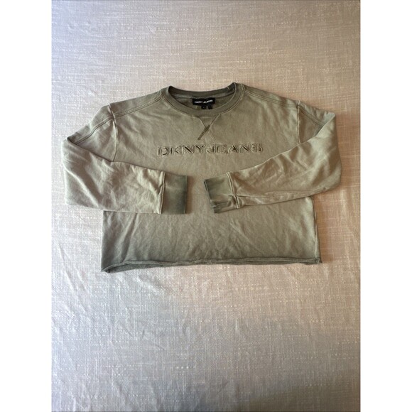 DKNY Cropped Ombré Raw Hem Sweatshirt Cut Out Logo Letters Size Small - Picture 9 of 13